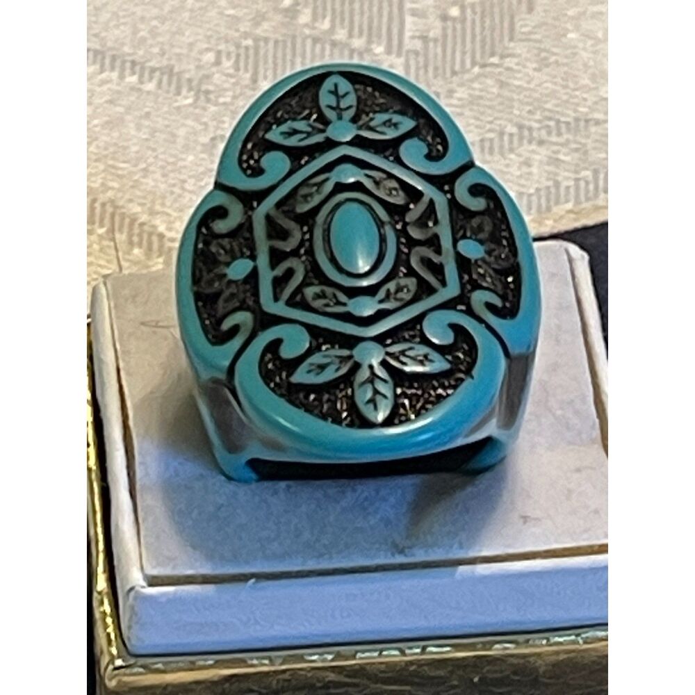 Vintage Chunky Turquoise & Black Bohemian Boho Plastic Wide Band Ring SIZE 8